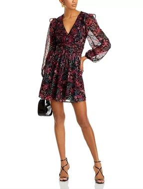 NWT Aqua M Whimsigoth Dark Romantic Peasant Boho Metallic Floral Mini Dress